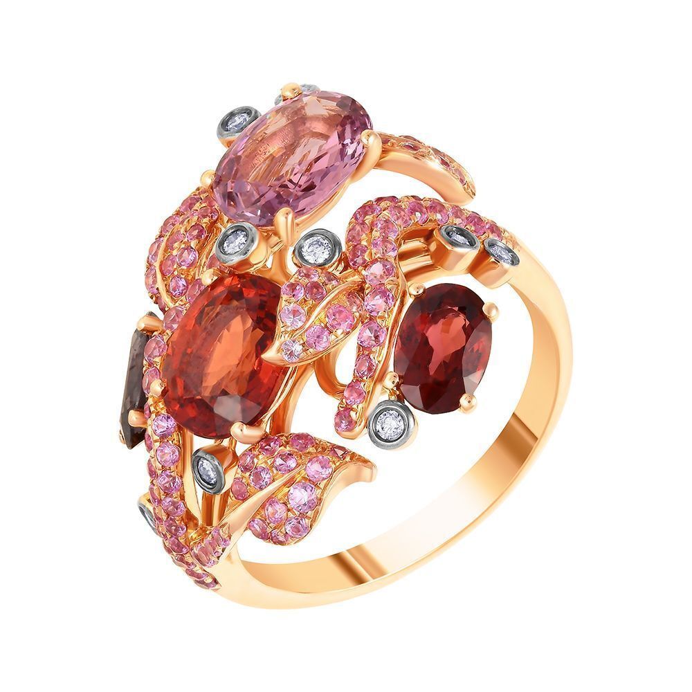 Кольцо из розового золота 585 пробы с шпинелью, бриллиантами и сапфирами (17,75)