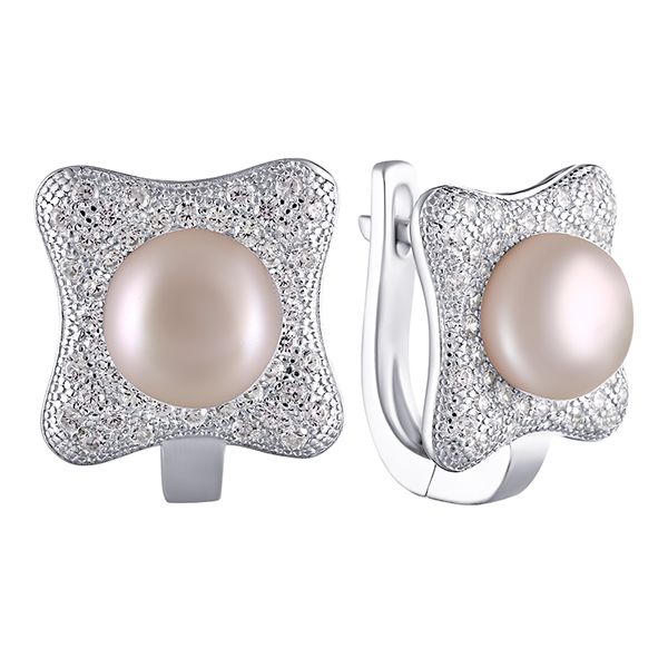 Серьги из серебра 925 пробы с культивированным жемчугом и фианитами
