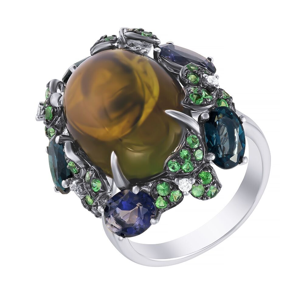 Кольцо из белого золота 585 пробы с турмалином, бриллиантами, цаворитами, иолитами и топазами лондон (17,5)