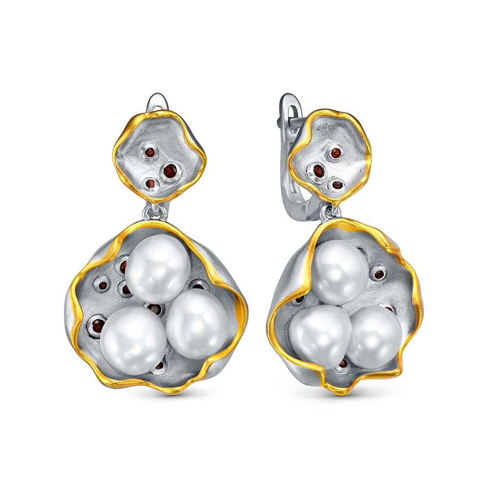 Серьги из серебра 925 пробы с гранатами и барочным жемчугом