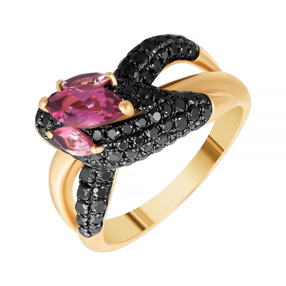 Кольцо из розового золота 585 пробы с турмалином, бриллиантами облагороженными и топазами (17)