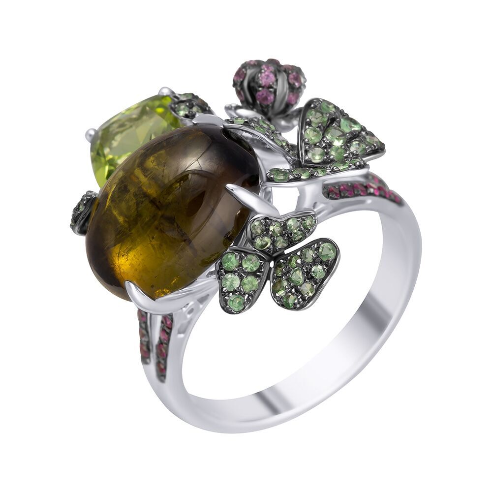Кольцо из белого золота 585 пробы с рубинами, сапфирами, цаворитами, перидотом и турмалином (18,5)