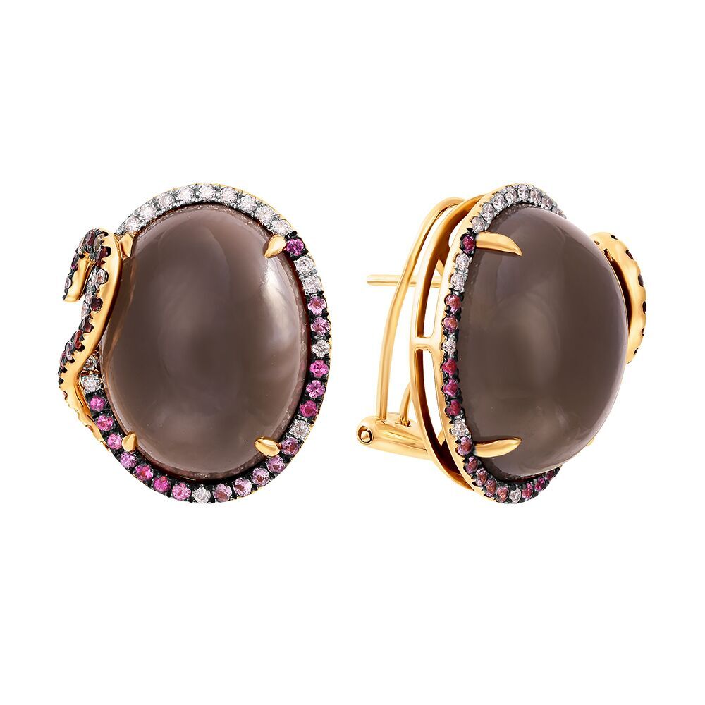 Серьги из золота 585 пробы с халцедонами, бриллиантами и сапфирами