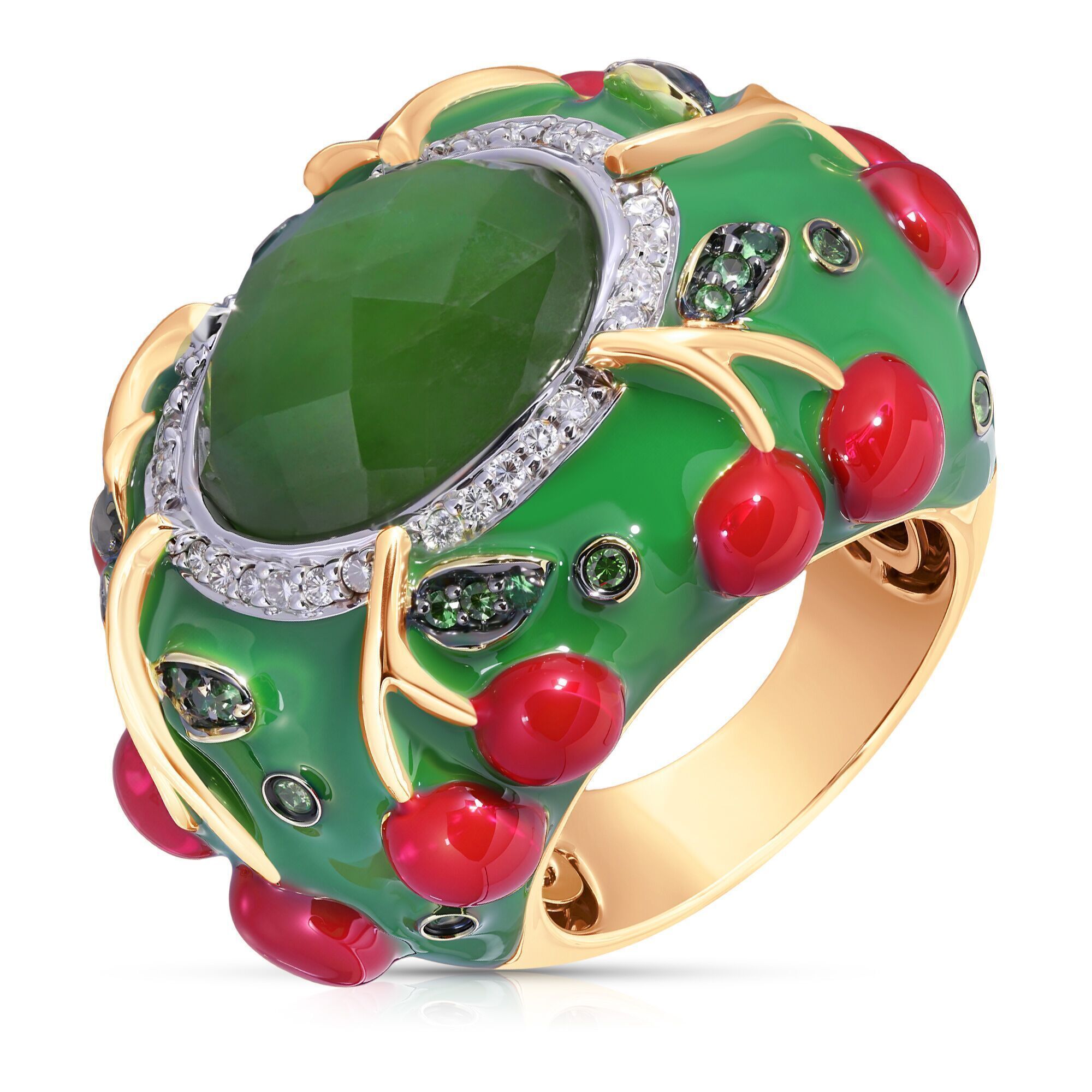 Кольцо из золота 750 пробы с жадеитом, бриллиантами, цаворитами и эмалью (18)