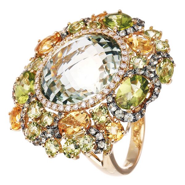 Кольцо из золота 585 пробы с празиолитом, бриллиантами, сапфирами, цитринами и перидотами (17,5)