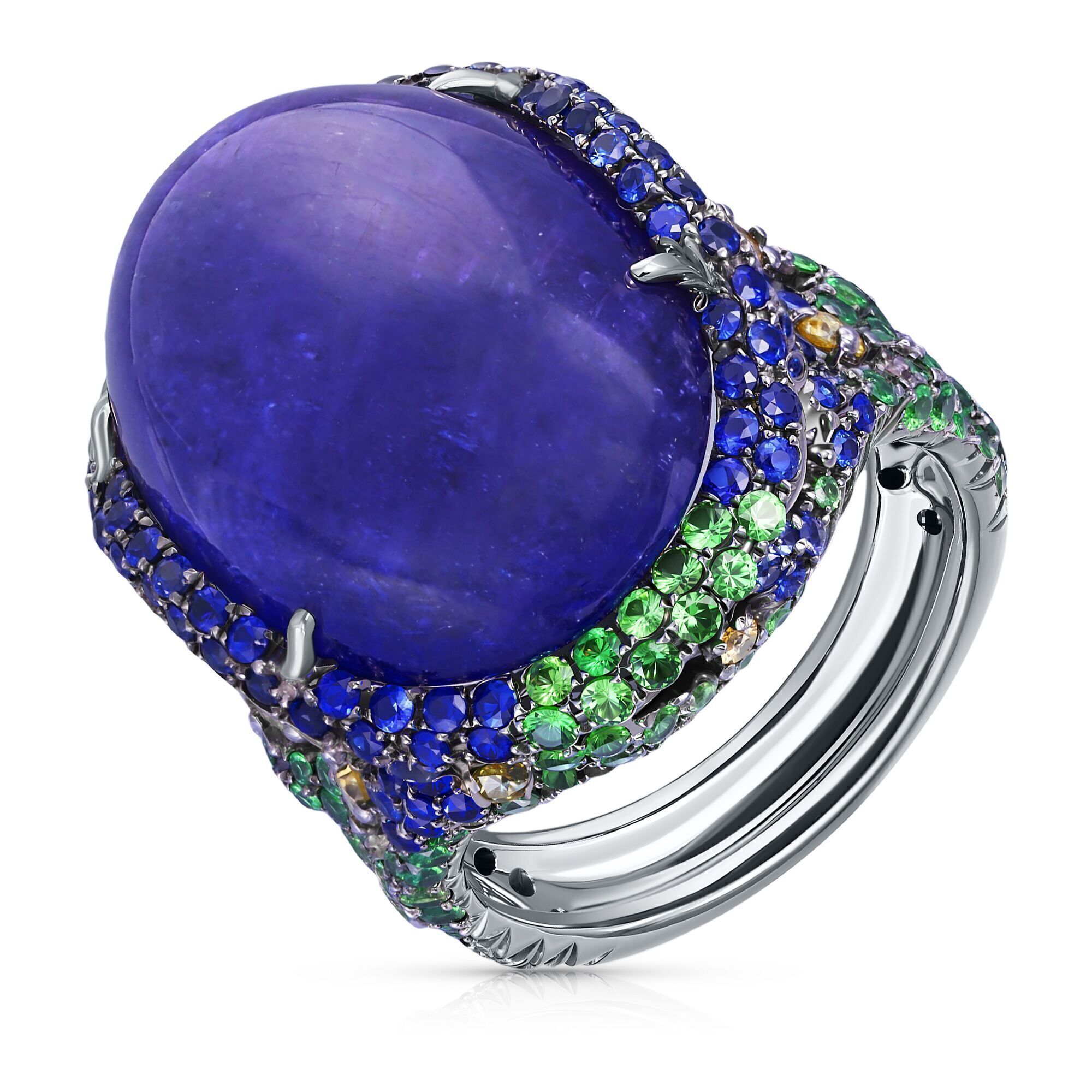 Кольцо из черного золота 750 пробы с танзанитом, бриллиантами, сапфирами и цаворитами (18)