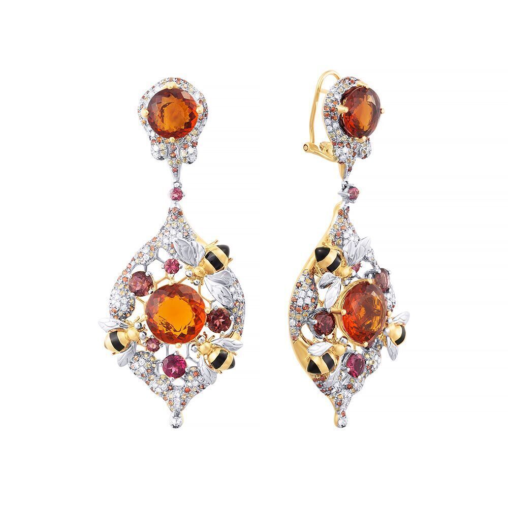 Серьги из золота 750 пробы с бриллиантами, сапфирами, родолитами, цитринами и эмалью