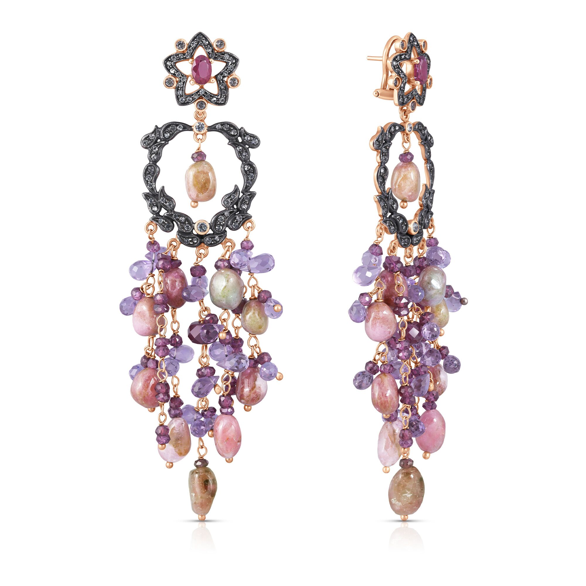 Серьги из серебра 925 пробы с турмалинами, аметистами, родолитами и фианитами