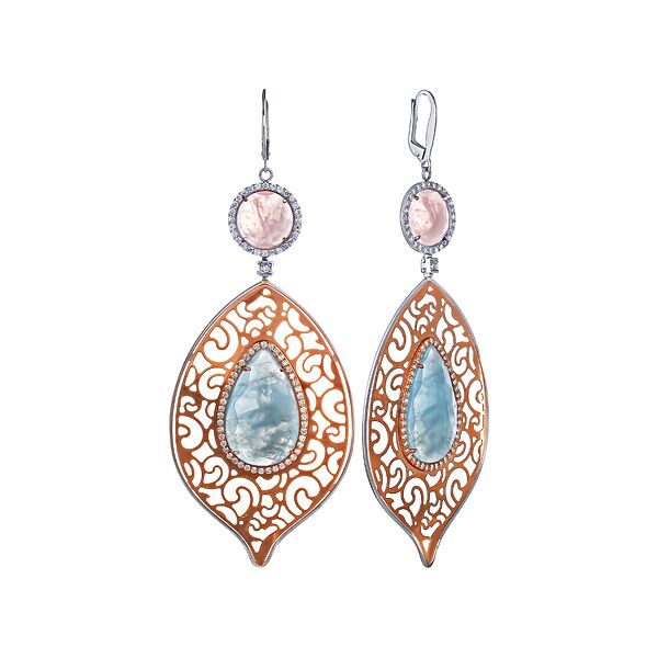 Серьги из комбинированного золота 585 пробы с аквамаринами, бриллиантами и кварцем