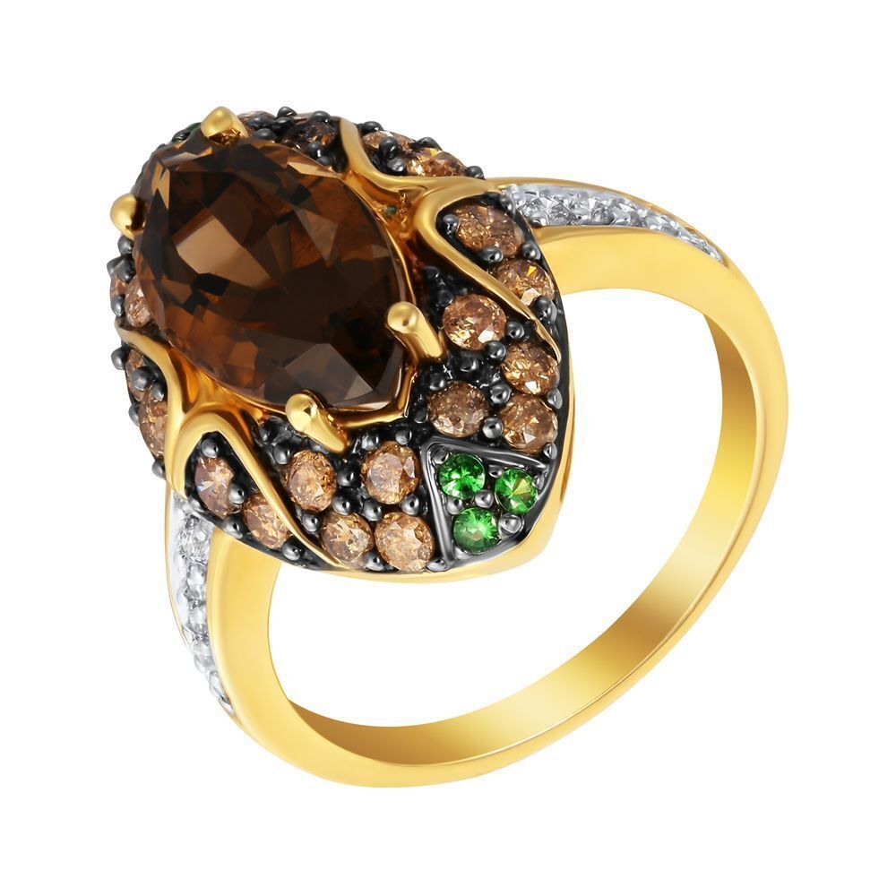 Кольцо из золота 585 пробы с бриллиантами, цаворитами и раухтопазом (17,25)