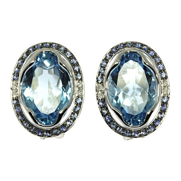 Серьги из белого золота 585 пробы с бриллиантами, сапфирами и топазами