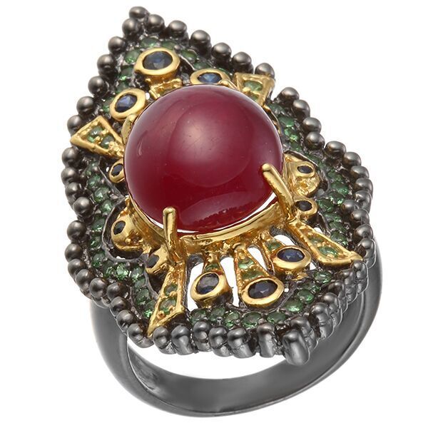 Кольцо из серебра 925 пробы с рубином облагороженным, сапфирами и цаворитами