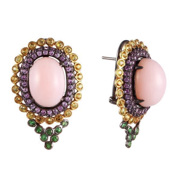 Серьги из золота 750 пробы с опалами, сапфирами и цаворитами