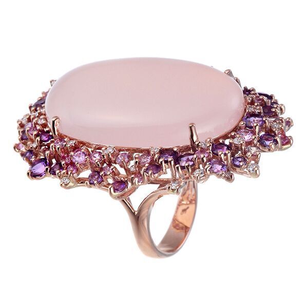 Кольцо из розового золота 585 пробы с кварцем, бриллиантами, сапфирами и аметистами (17,5)