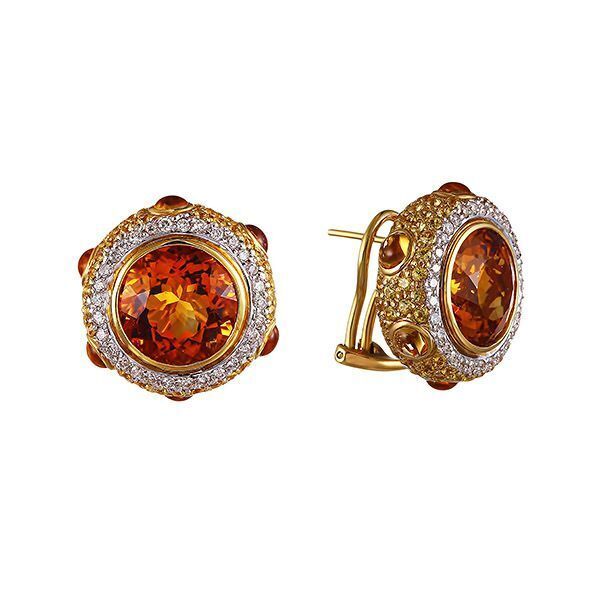 Серьги из золота 750 пробы с бриллиантами, цитринами и сапфирами