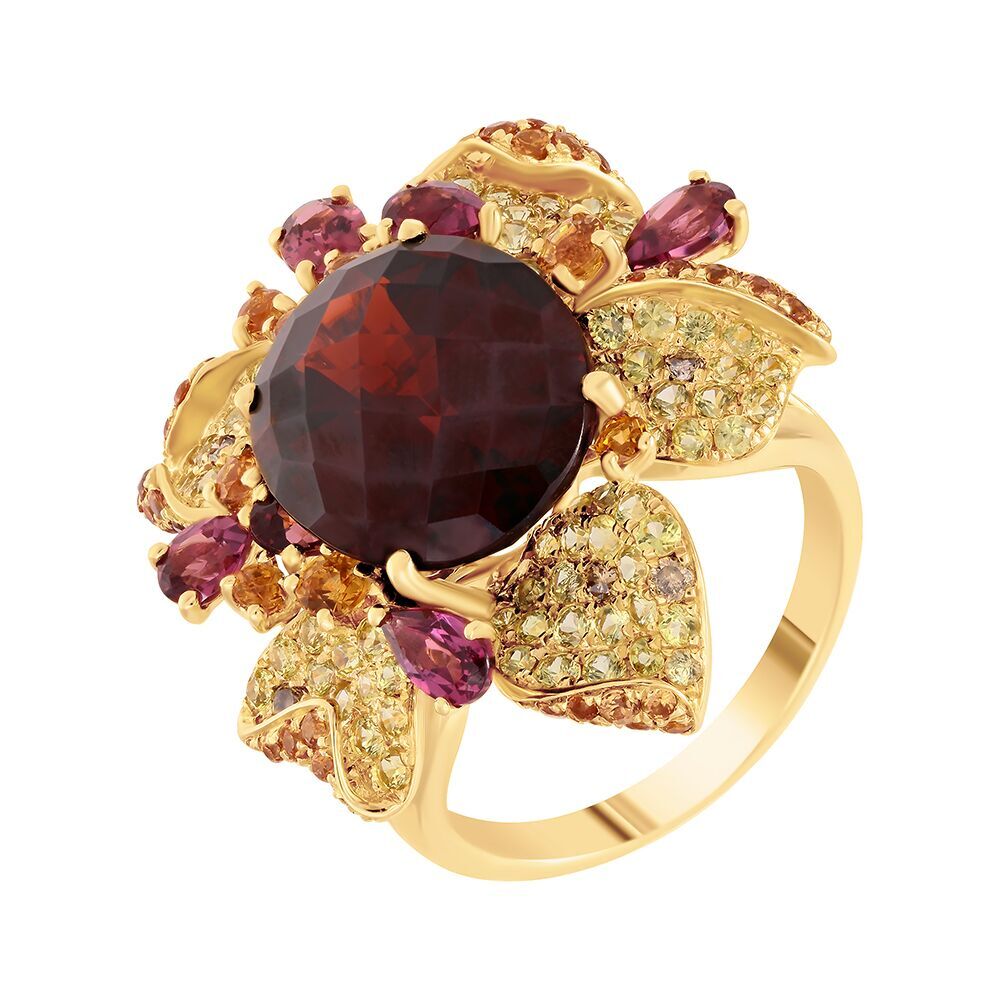 Кольцо из золота 585 пробы с гранатом, бриллиантами, сапфирами и родолитами (17,75)