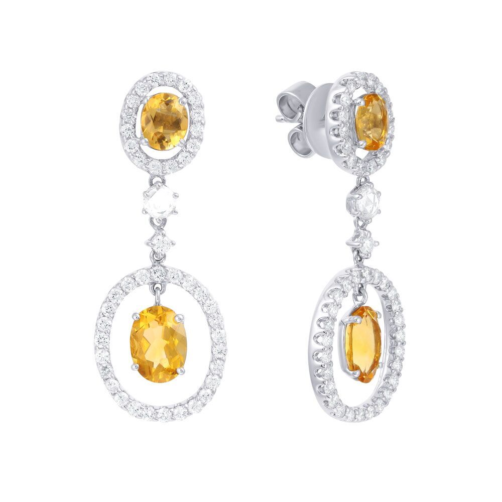 Серьги из белого золота 750 пробы с бриллиантами и цитринами