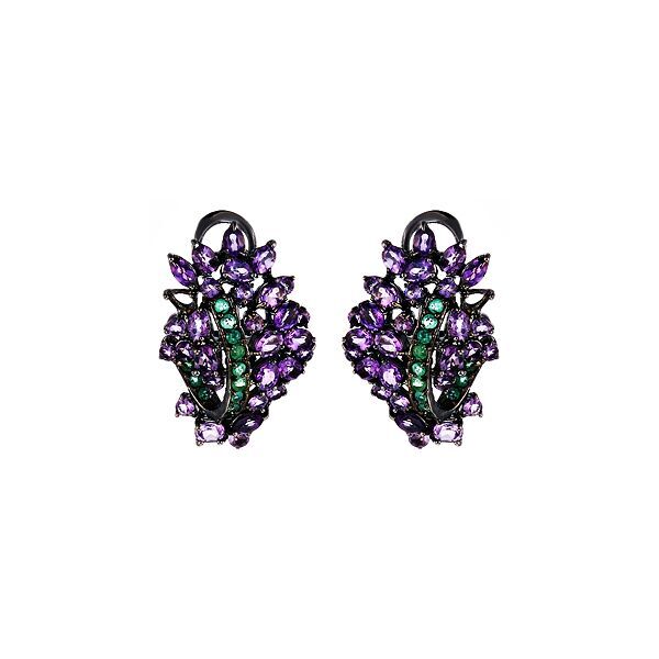 Серьги из серебра 925 пробы с аметистами и изумрудами