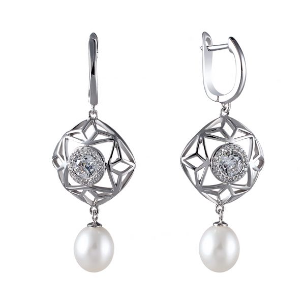 Серьги из серебра 925 пробы с культивированным жемчугом, фианитами и ювелирным стеклом