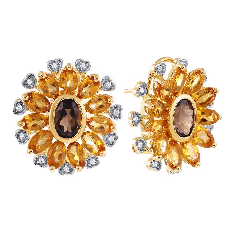 Серьги из золота 585 пробы с бриллиантами, цитринами и раухтопазами