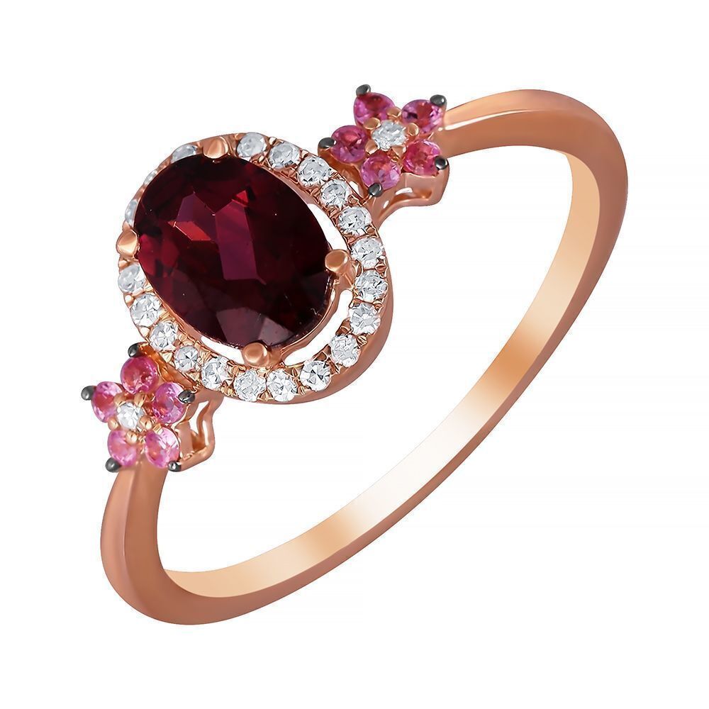 Кольцо из розового золота 585 пробы с родолитом, бриллиантами и сапфирами (18)