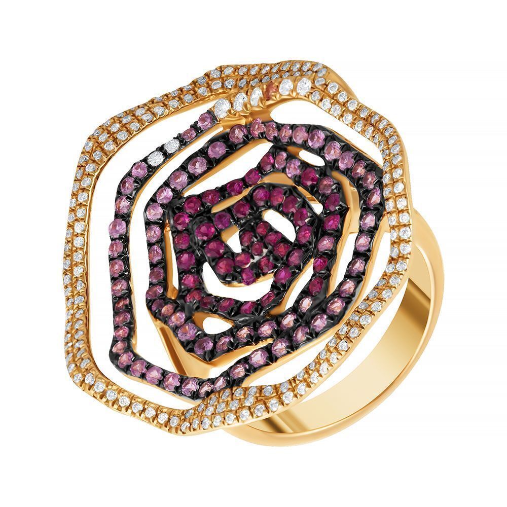 Кольцо из розового золота 750 пробы с бриллиантами, сапфирами и рубинами (17,25)