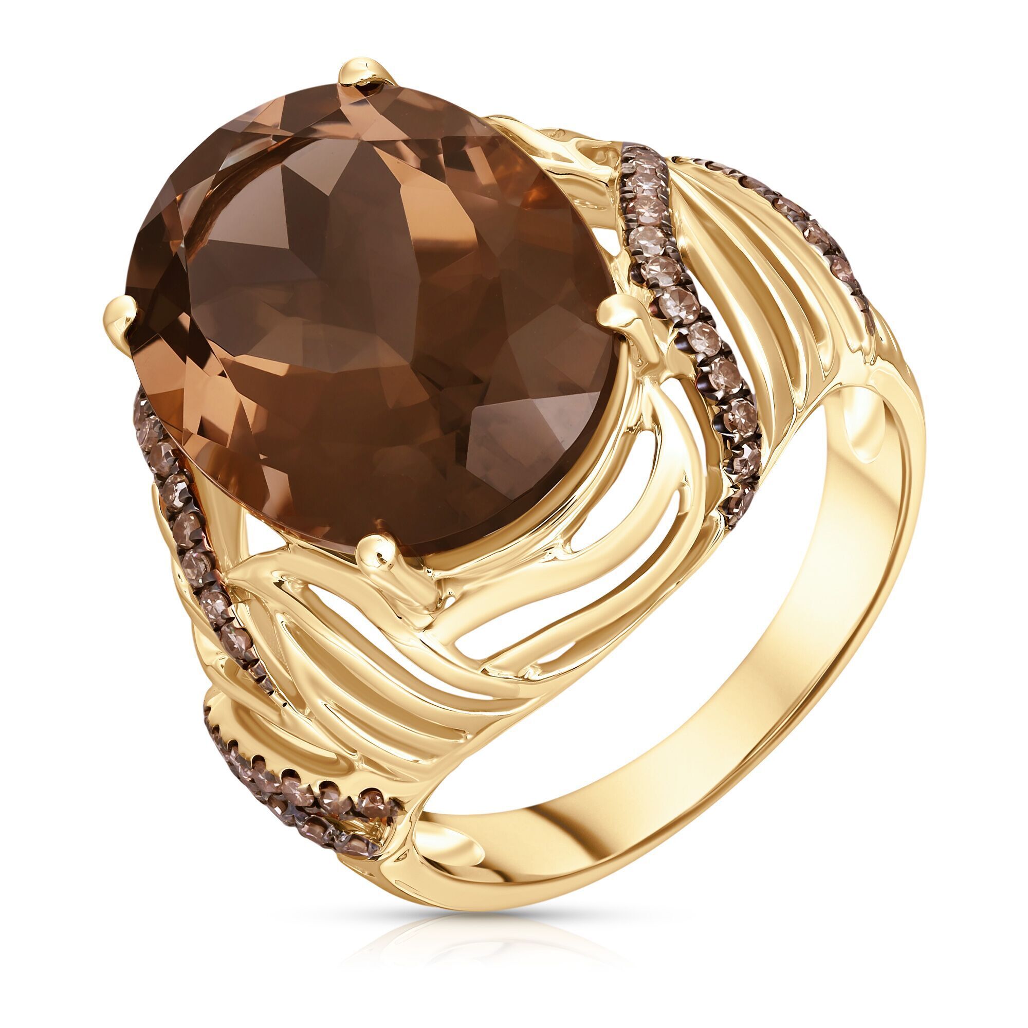 Кольцо из золота 585 пробы с бриллиантами и раухтопазом (17,25)