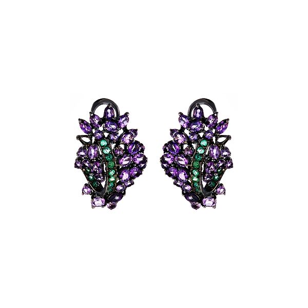 Серьги из серебра 925 пробы с аметистами и изумрудами