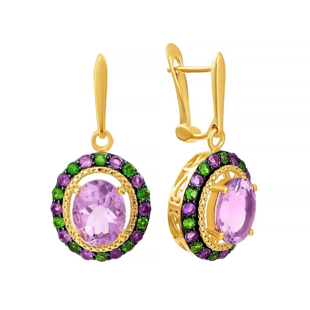 Серьги из серебра 925 пробы с аметистами и хромдиопсидом