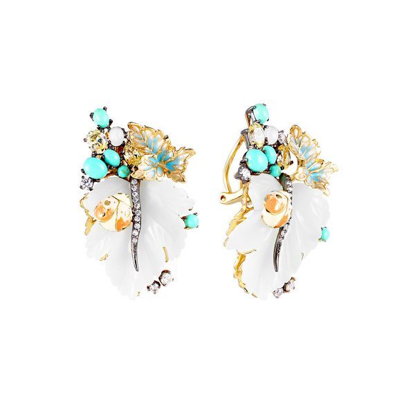 Серьги из серебра 925 пробы с агатом, лунным камнем (адулярами), эмалью, бирюзой искусственной и фианитами