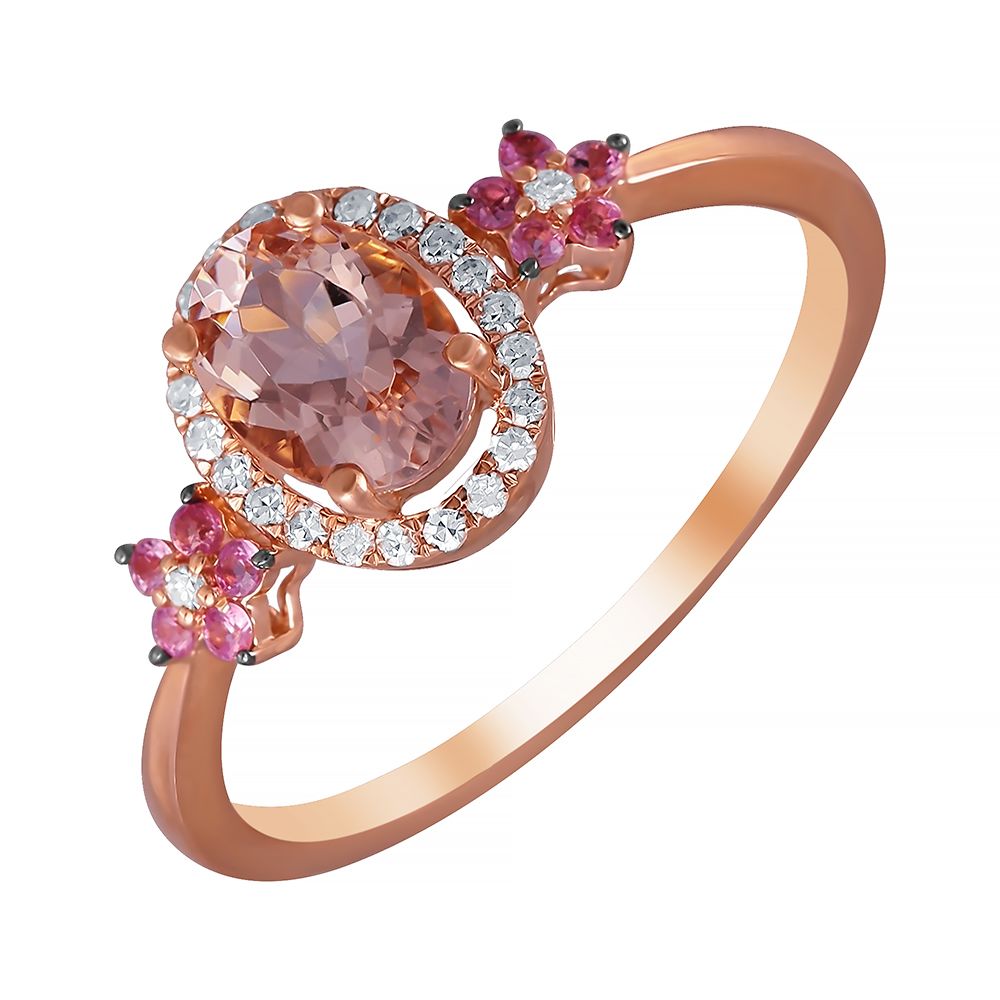 Кольцо из розового золота 585 пробы с морганитом, бриллиантами и сапфирами