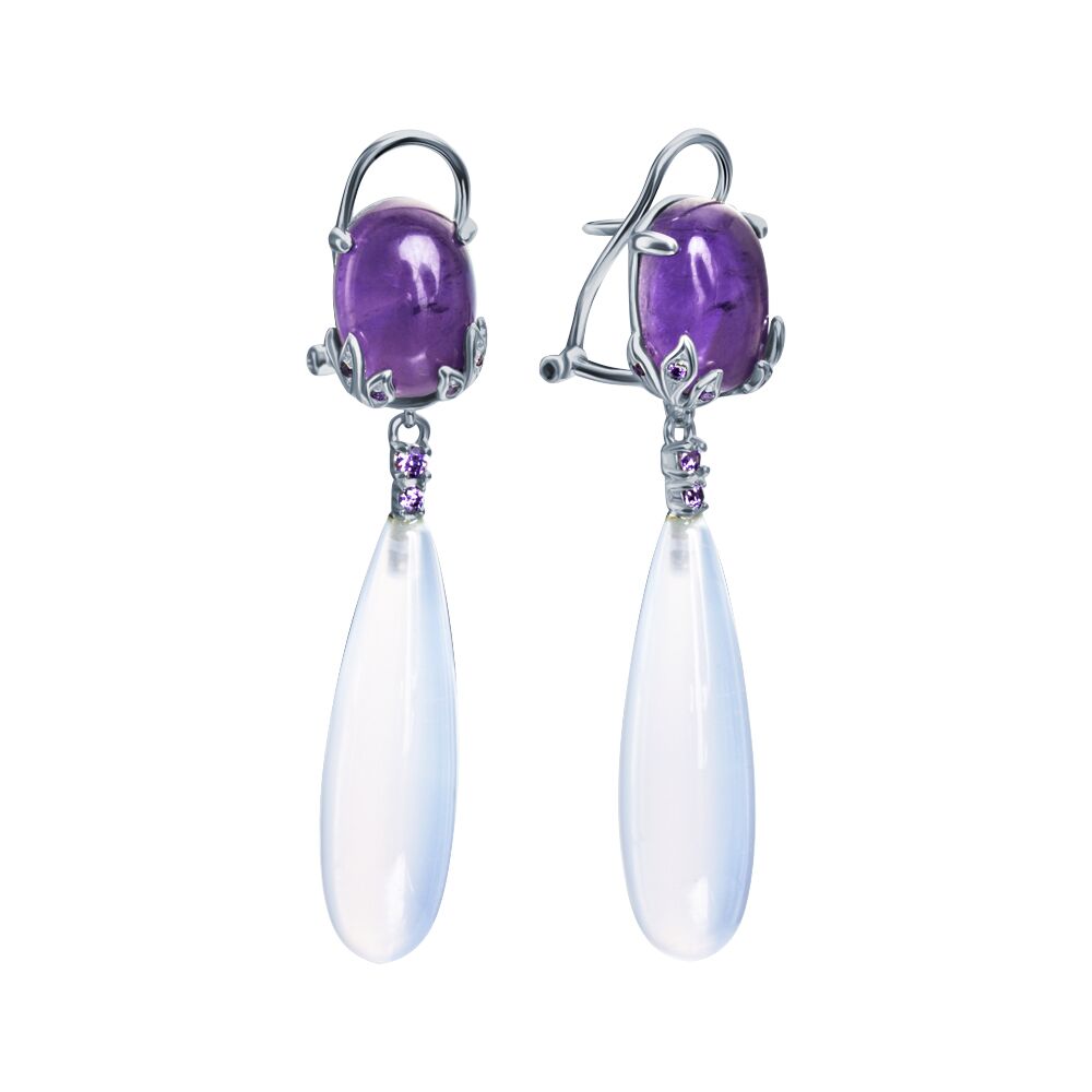 Серьги из серебра 925 пробы с аметистами, халцедонами и фианитами