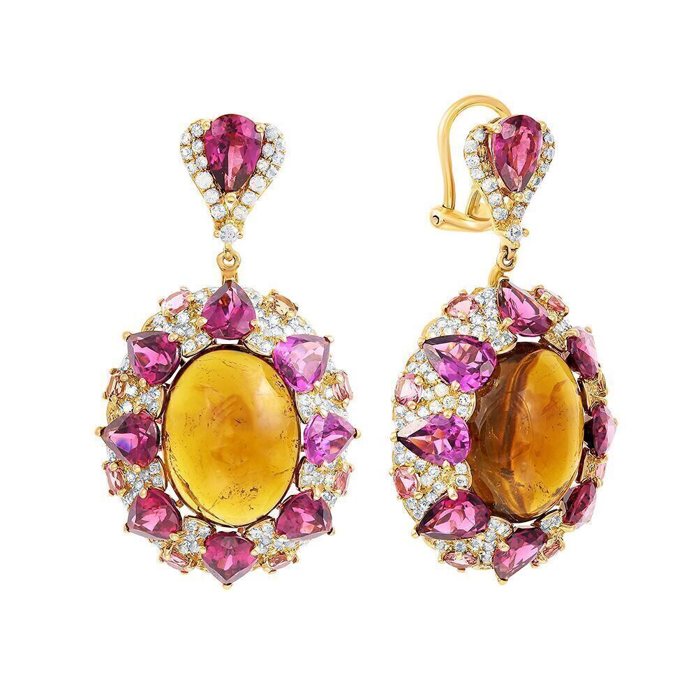 Серьги из золота 585 пробы с турмалинами, сапфирами и родолитами