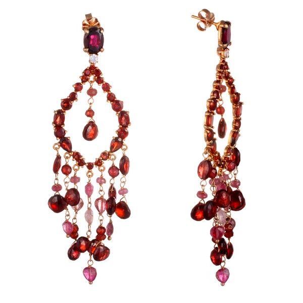 Серьги из серебра 925 пробы с гранатами, турмалинами и фианитами