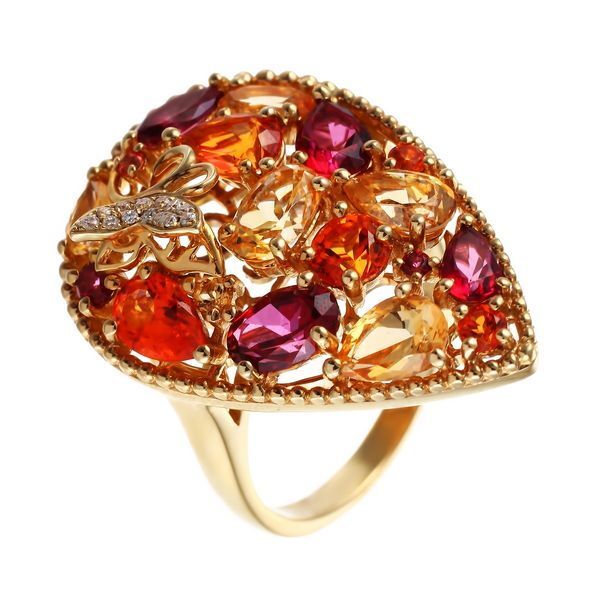 Кольцо из золота 585 пробы с цветными полудрагоценными камнями и бриллиантами (17,5)