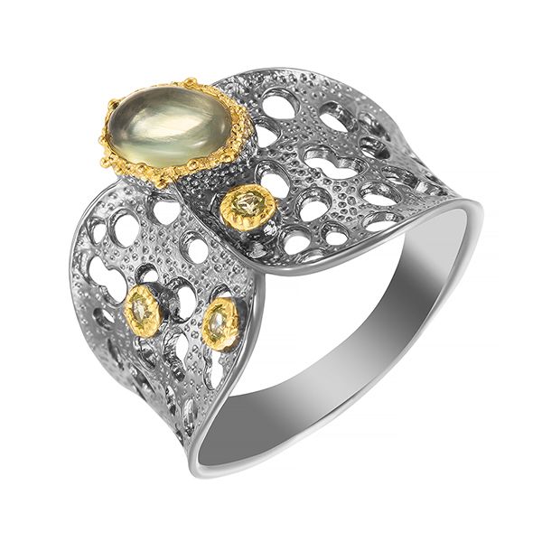 Кольцо из серебра 925 пробы с пренитами и перидотами (17,5)