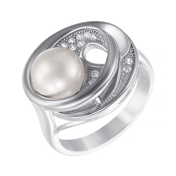 Кольцо из серебра 925 пробы с жемчугом к. речным и фианитами (17)
