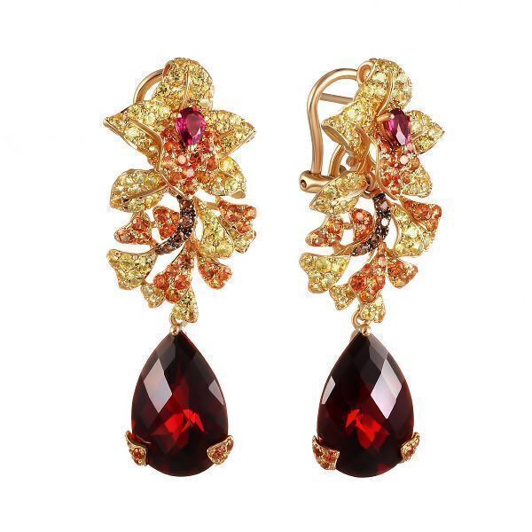 Серьги из золота 585 пробы с бриллиантами, сапфирами, родолитами и гранатами