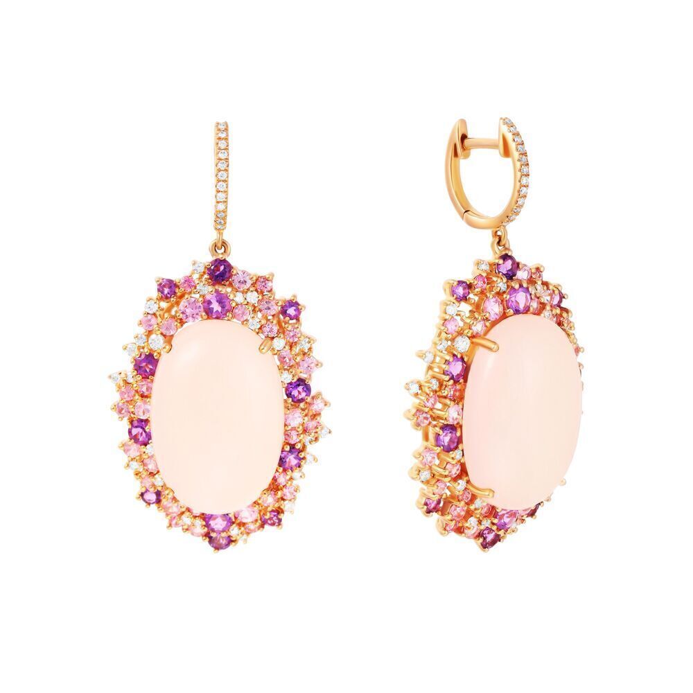 Серьги из розового золота 585 пробы с кварцем, бриллиантами, сапфирами и аметистами