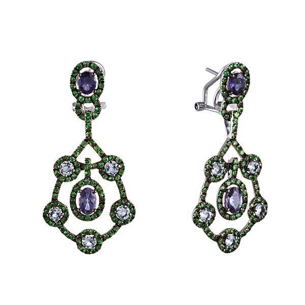 Серьги из белого золота 750 пробы с аквамаринами, иолитами и цаворитами