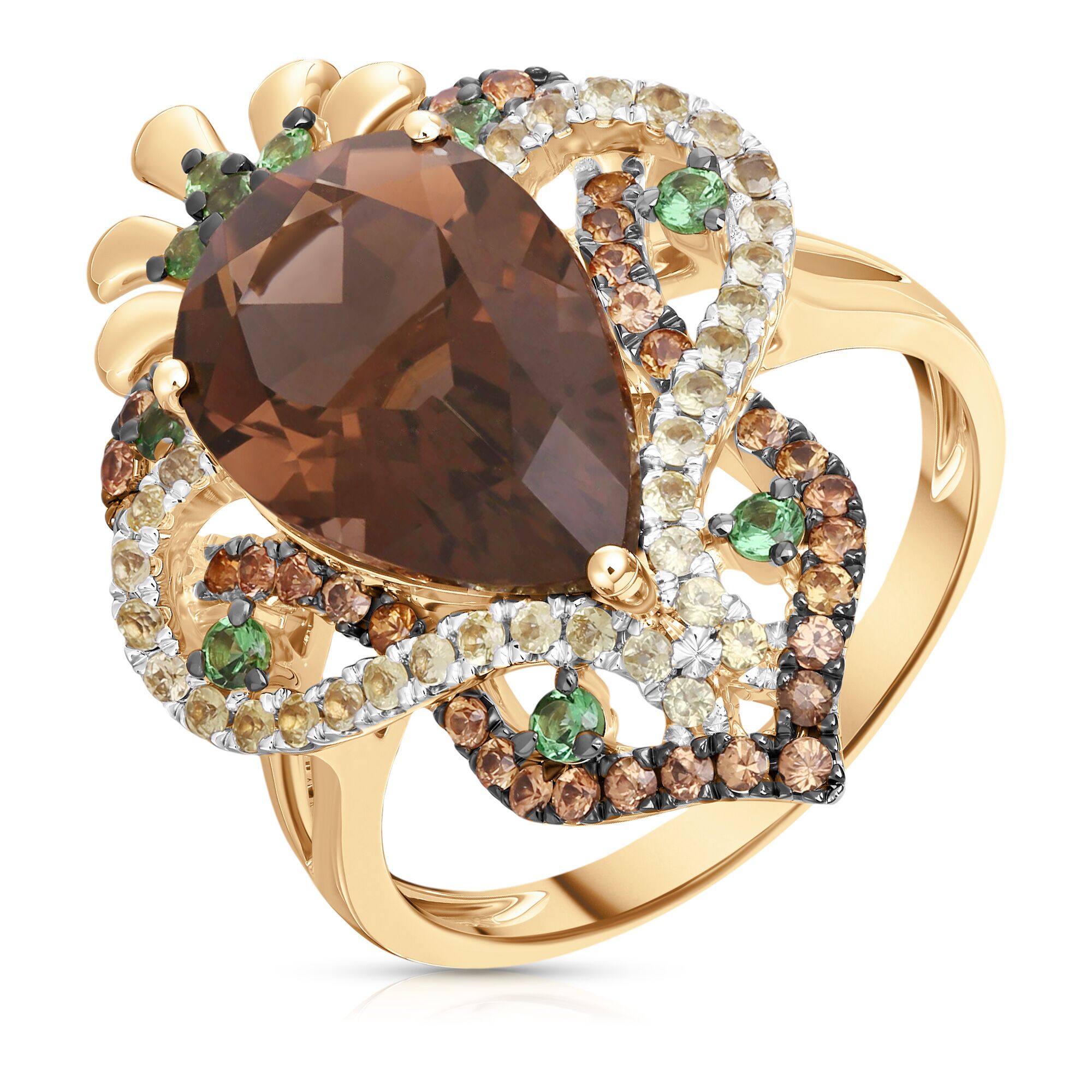 Кольцо из золота 585 пробы с сапфирами, раухтопазом и цаворитами (18,5)