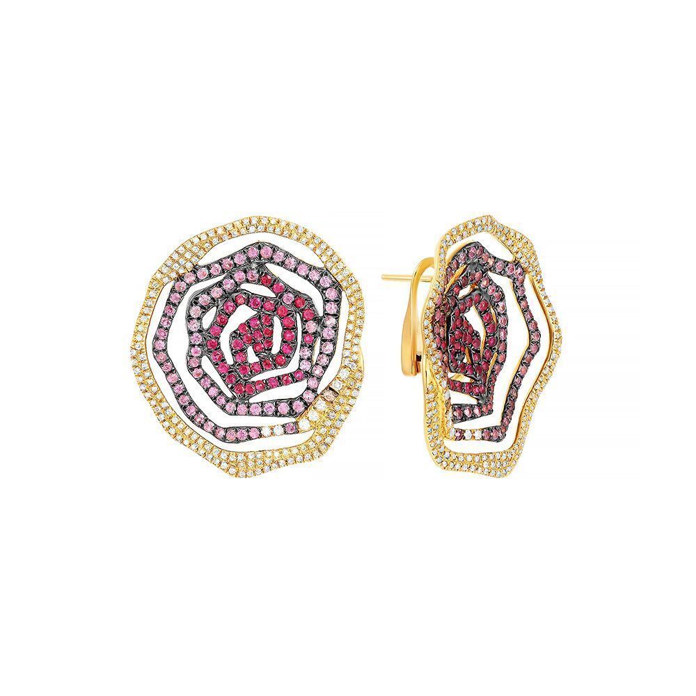Серьги из розового золота 750 пробы с бриллиантами, рубинами и сапфирами