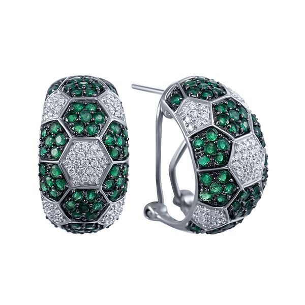 Серьги из белого золота 585 пробы с бриллиантами и изумрудами
