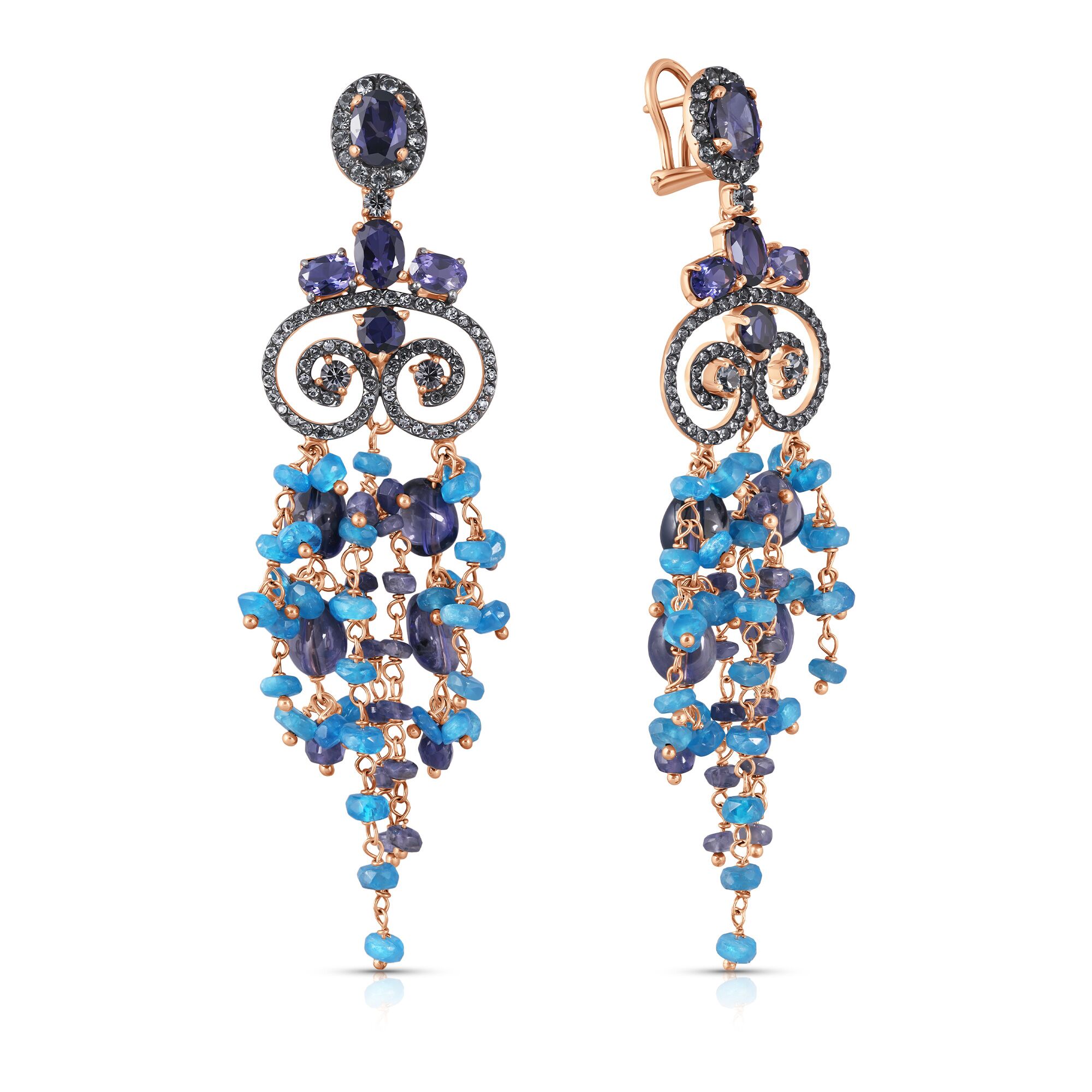 Серьги из серебра 925 пробы с иолитами, апатитами и фианитами