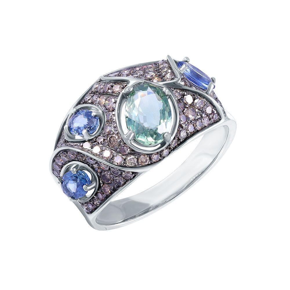 Кольцо из белого золота 585 пробы с сапфирами и бриллиантами (17,5)