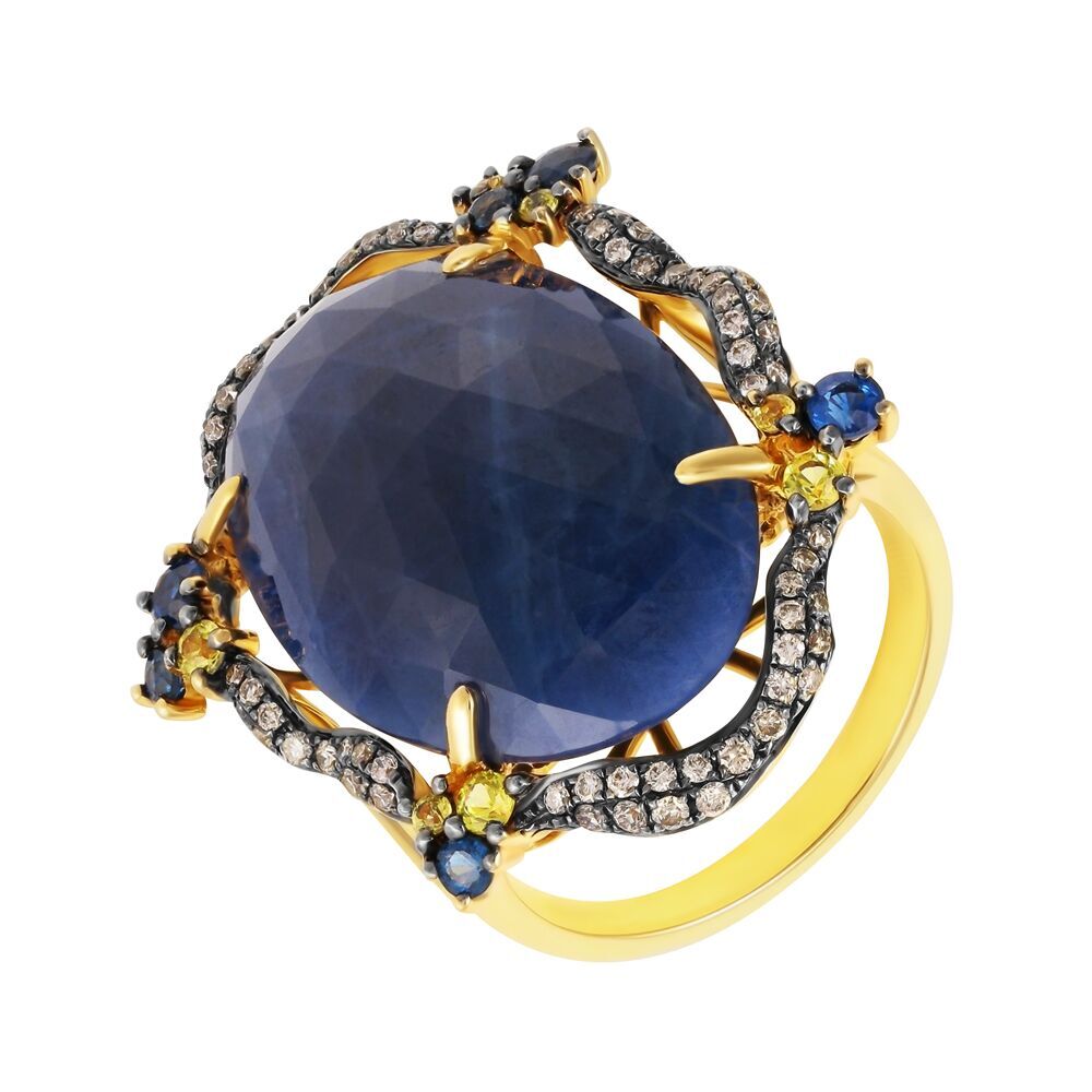 Кольцо из золота 585 пробы с корундом, бриллиантами и сапфирами (17,75)