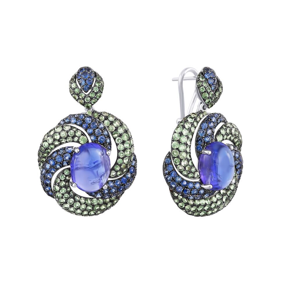 Серьги из белого золота 585 пробы с танзанитами, цаворитами и сапфирами