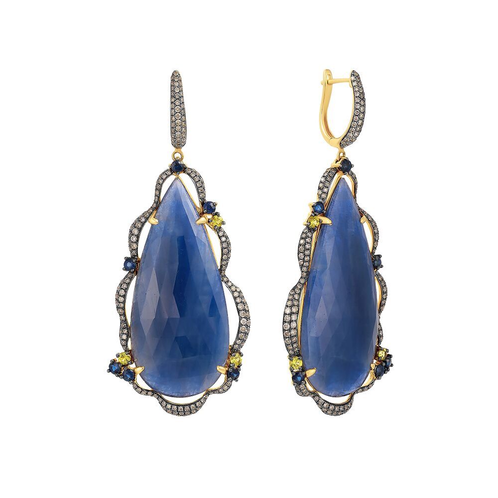 Серьги из золота 585 пробы с корундами, бриллиантами и сапфирами