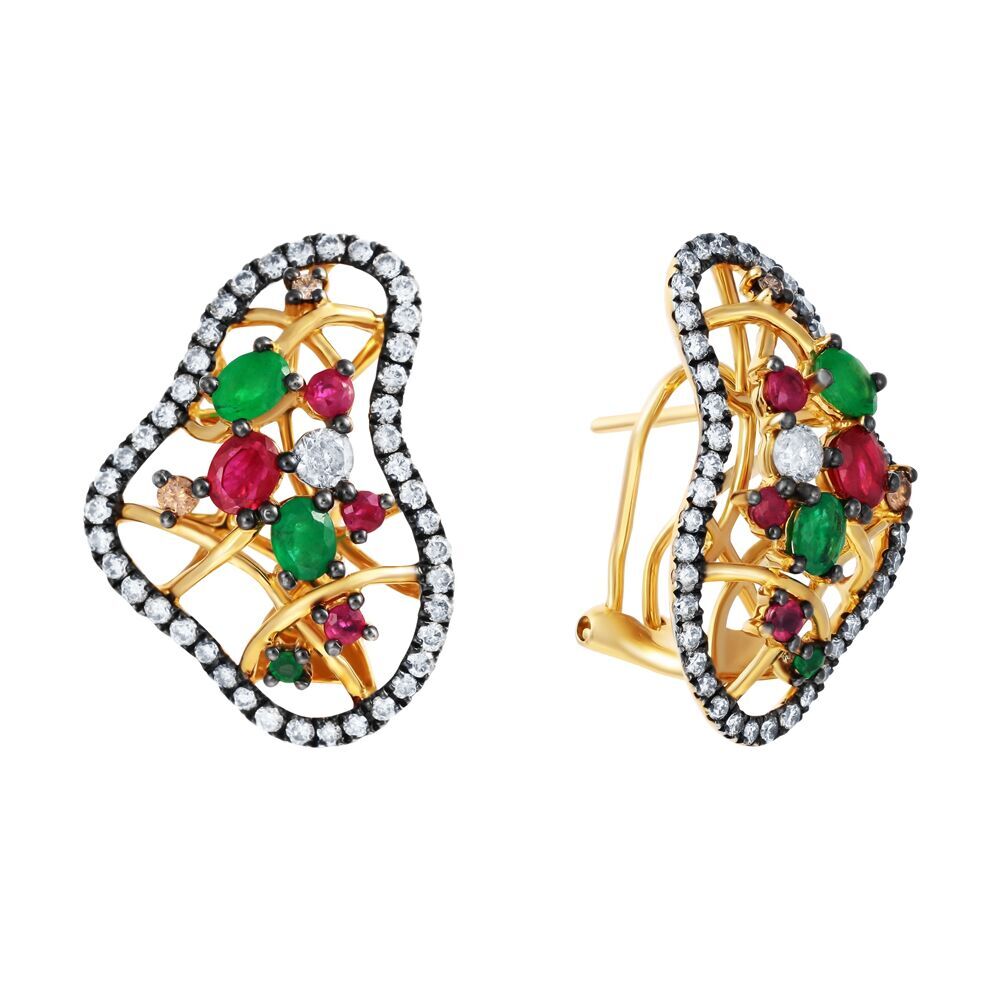 Серьги из золота 585 пробы с бриллиантами, изумрудами и рубинами