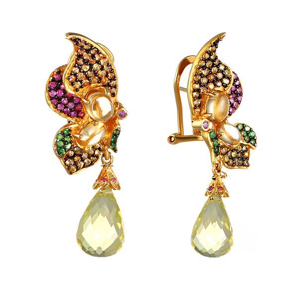 Серьги из серебра 925 пробы с сапфирами, цаворитами и цитринами